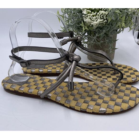 Tory Burch Leather Metallic Thong And Ankle Strap Sandals Sz 10.5M Brazil - Picture 5 of 12